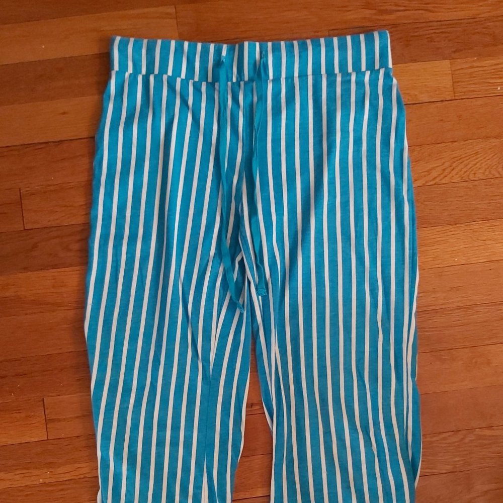 Teal/white striped cotton pants
